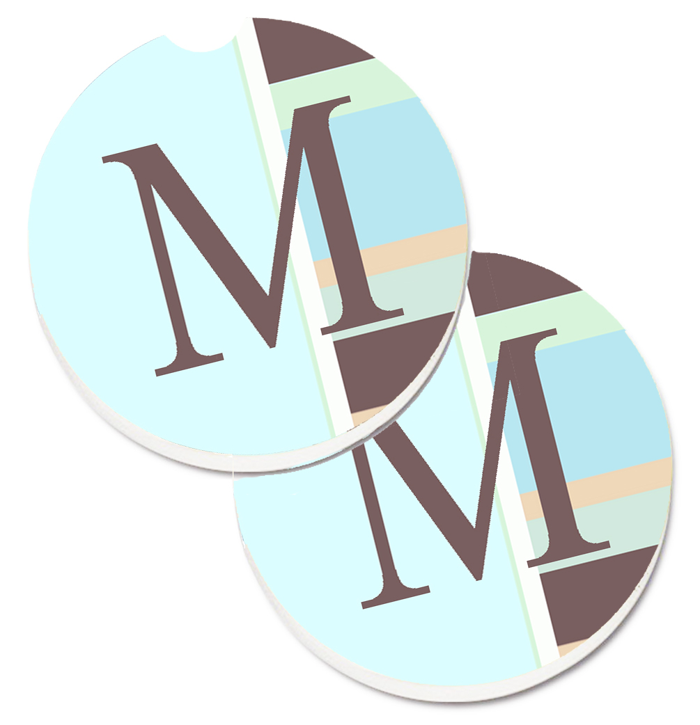 CJ1003-MCARC Letter M Initial Monogram Blue Stripes Set of 2 Cup Holder Car Coaster