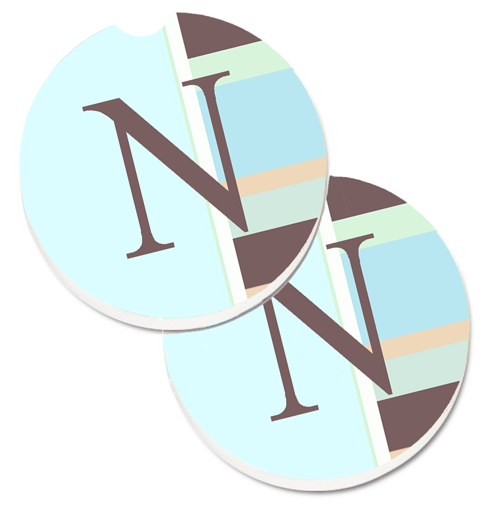 CJ1003-NCARC Letter N Initial Monogram Blue Stripes Set of 2 Cup Holder Car Coaster