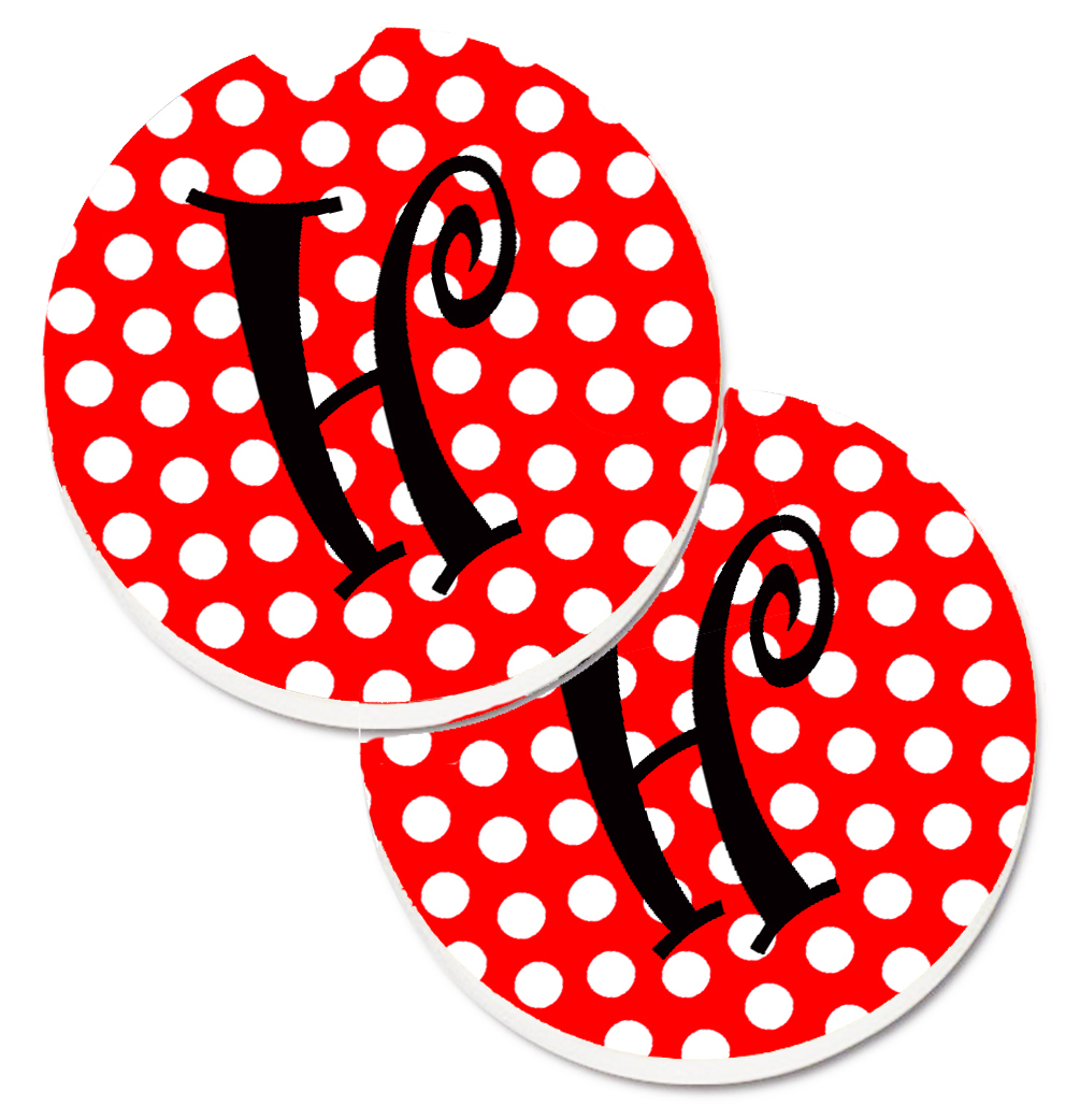 Letter H Initial Monogram Red & Black Polka Dots Set of 2 Cup Holder Car Coaster