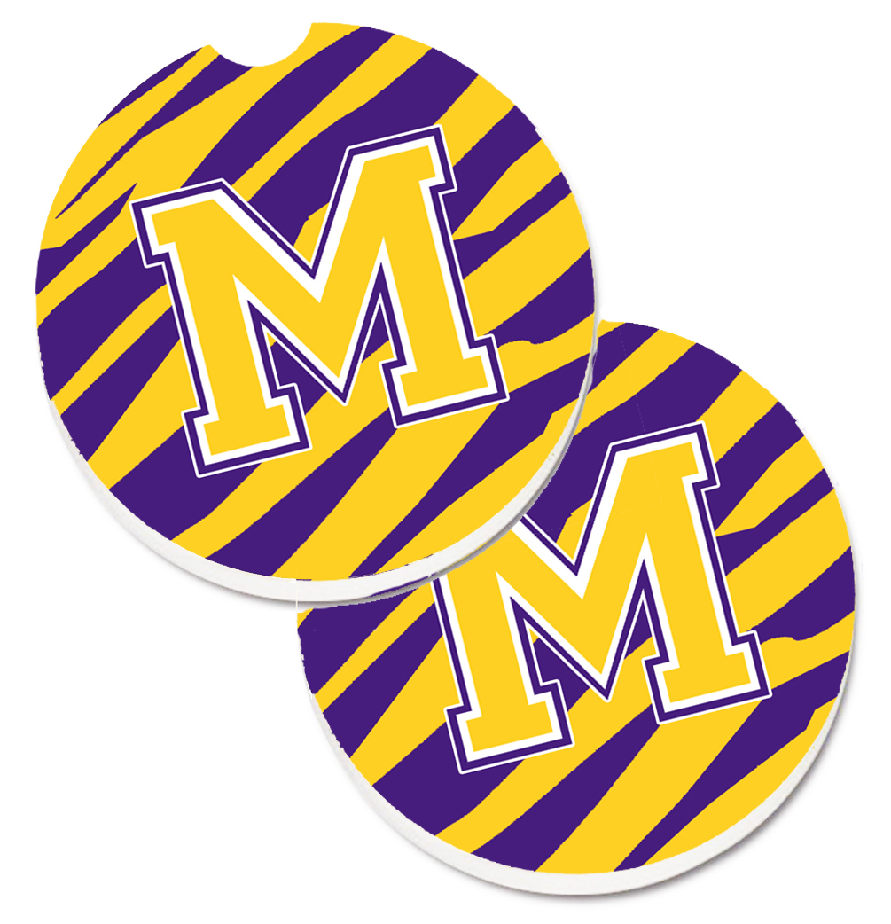 Letter M Monogram Tiger Stripe Purple & Gold Set of 2 Cup Holder Car Coaster