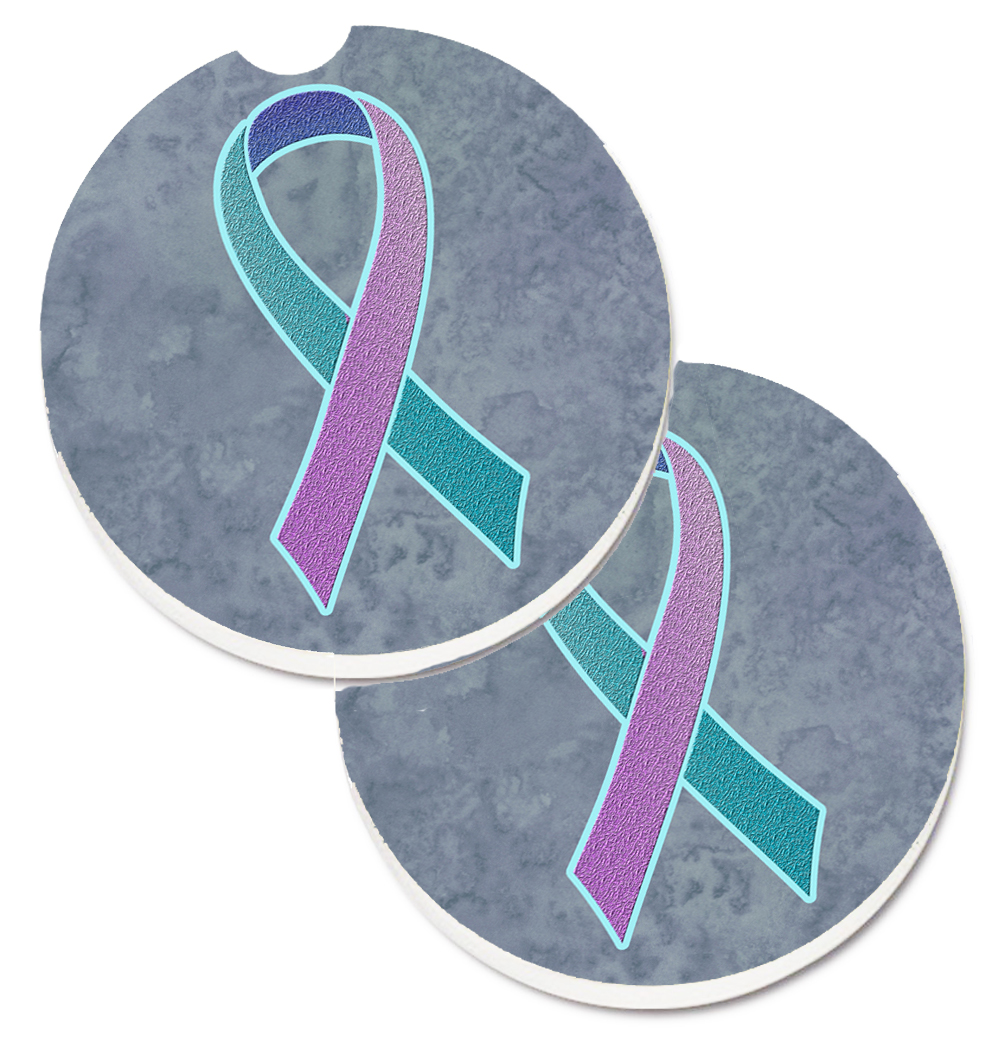 AN1217CARC Teal & Pink - Blue Ribbon for Thyroid Cancer Awareness Set of 2 Cup Holder Car Coaster