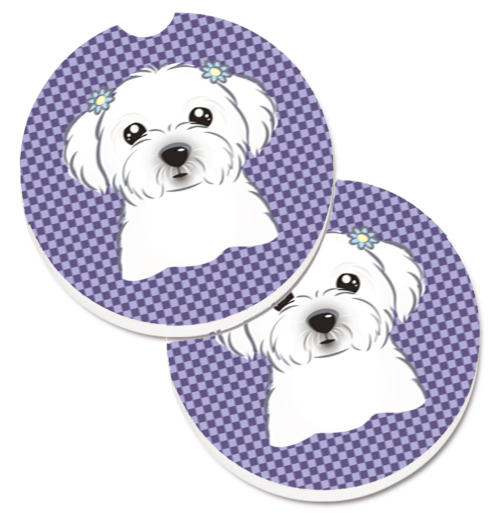 Purple Checkered Maltese Set of 2 Cup Holder Car Coaster