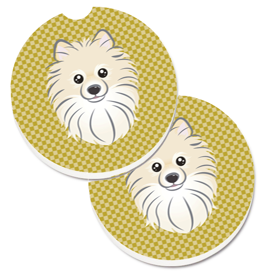 Tan Checkered Pomeranian Set of 2 Cup Holder Car Coaster