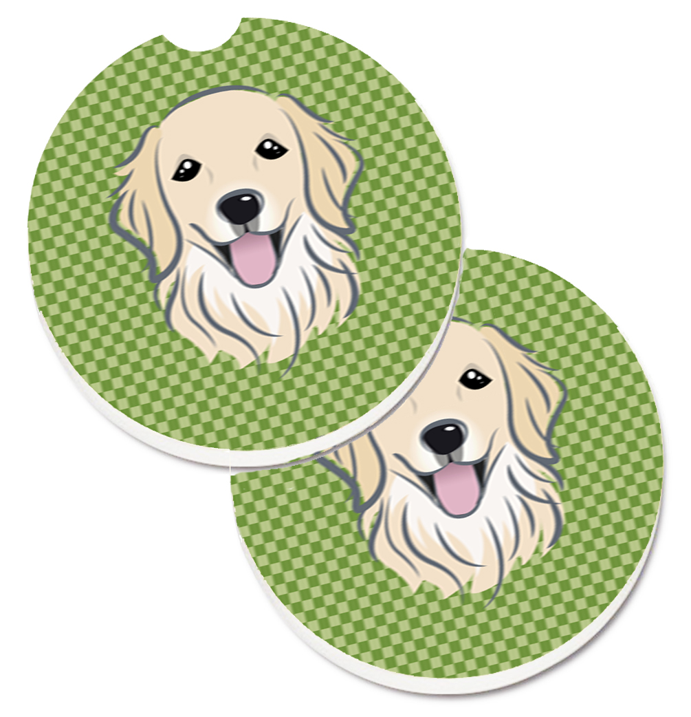 Green Checkered Golden Retriever Set of 2 Cup Holder Car Coaster