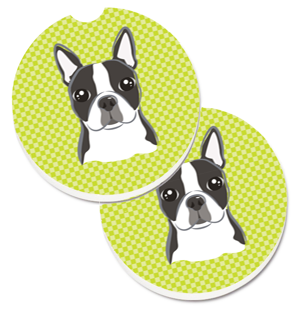 Lime Checkered Boston Terrier Set of 2 Cup Holder Car Coaster