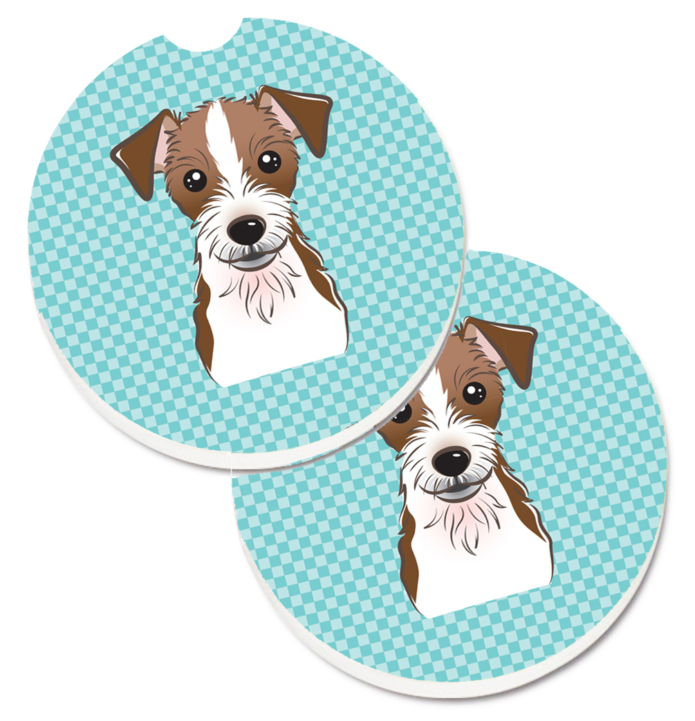 Checkerboard Blue Jack Russell Terrier Set of 2 Cup Holder Car Coaster