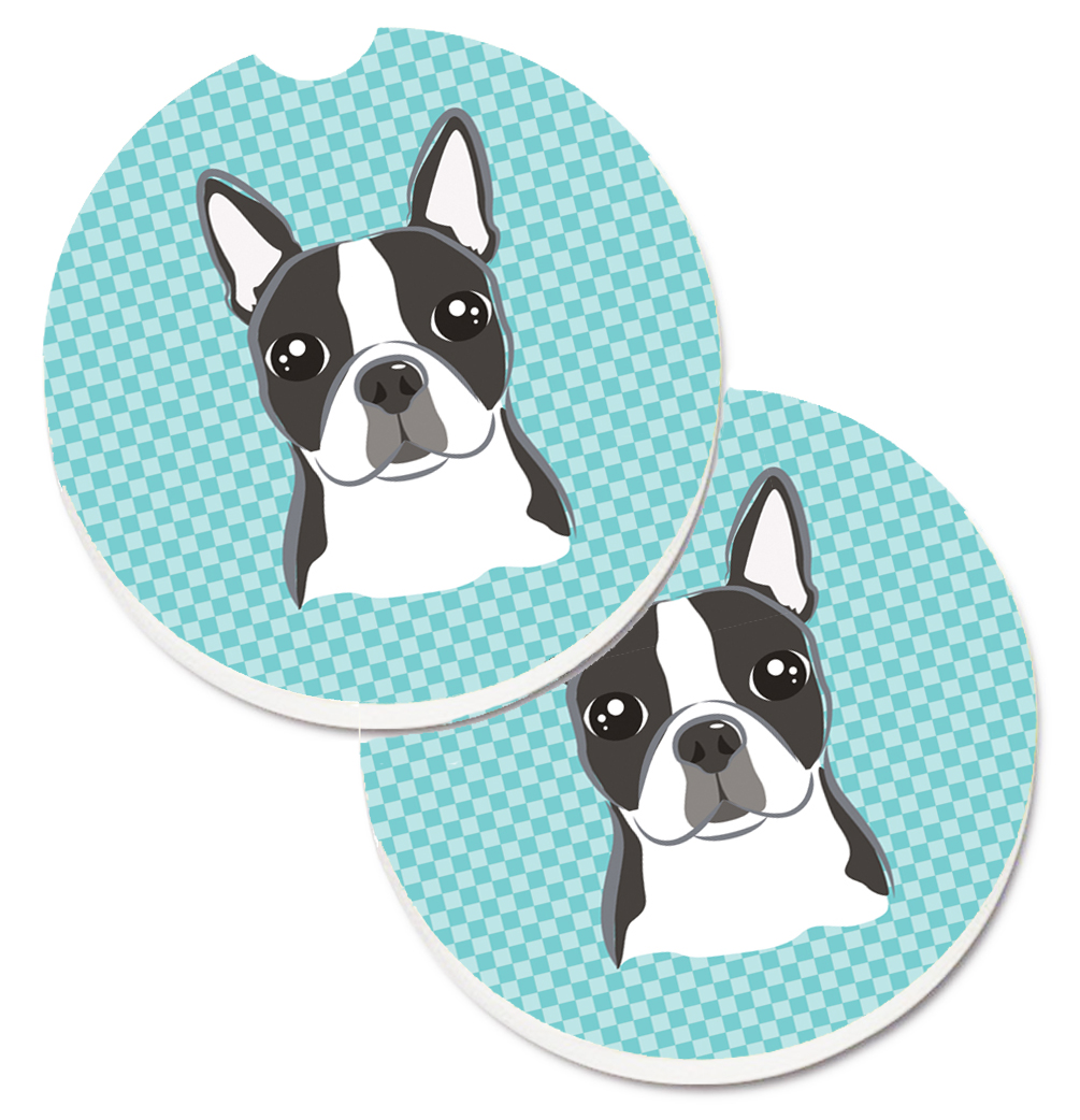 Checkerboard Blue Boston Terrier Set of 2 Cup Holder Car Coaster