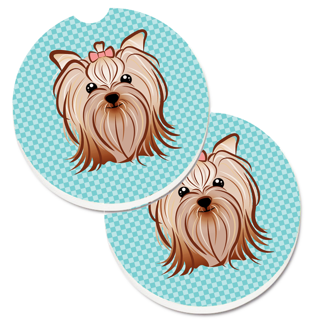 BB1142CARC Checkerboard Blue Yorkie Yorkishire Terrier Set of 2 Cup Holder Car Coaster