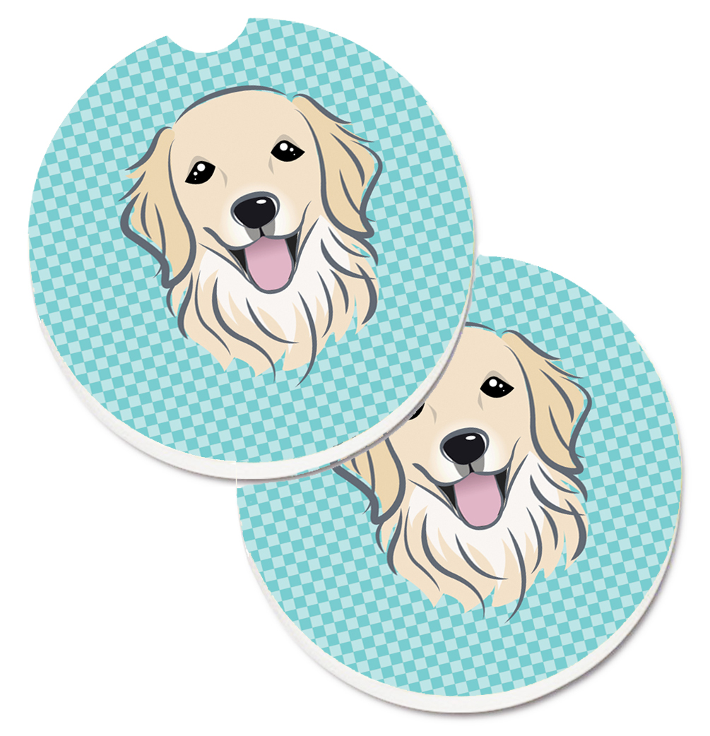 Checkerboard Blue Golden Retriever Set of 2 Cup Holder Car Coaster