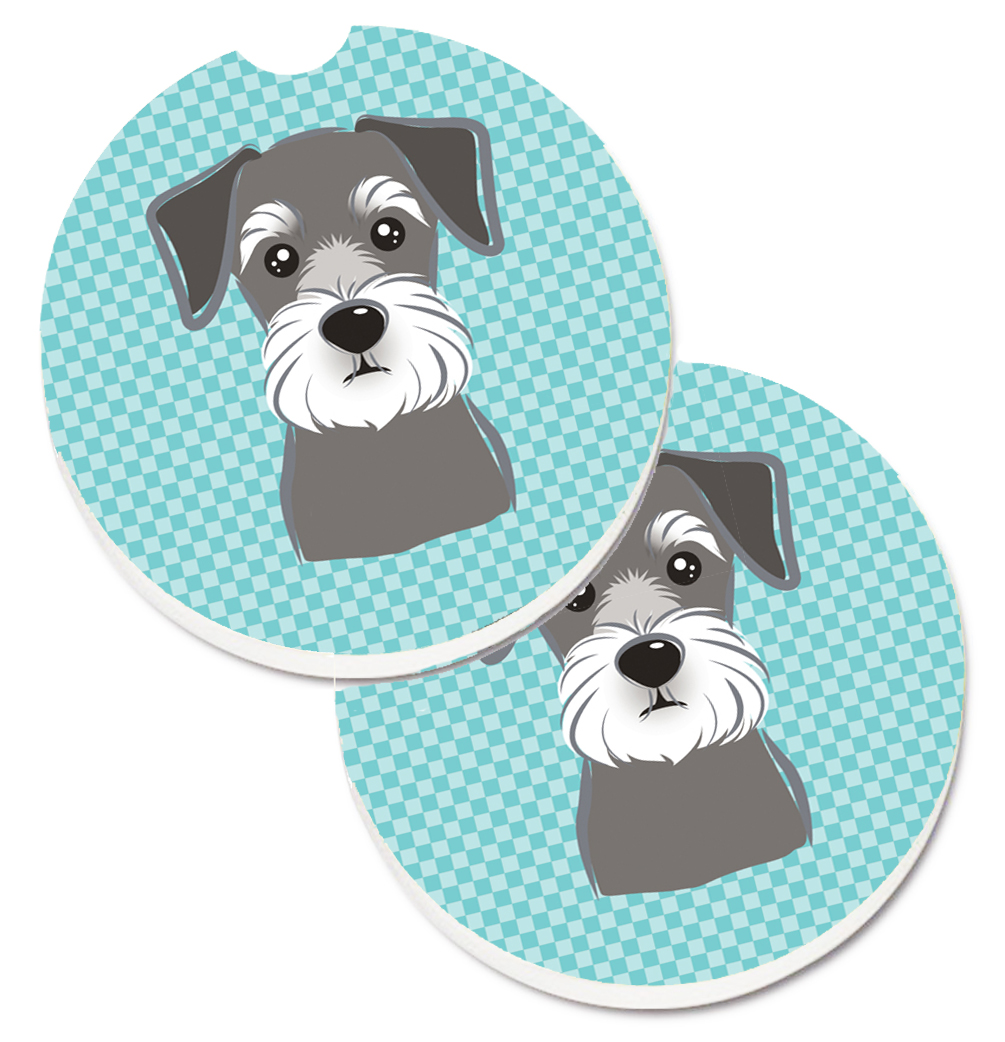 BB1144CARC Checkerboard Blue Schnauzer Set of 2 Cup Holder Car Coaster