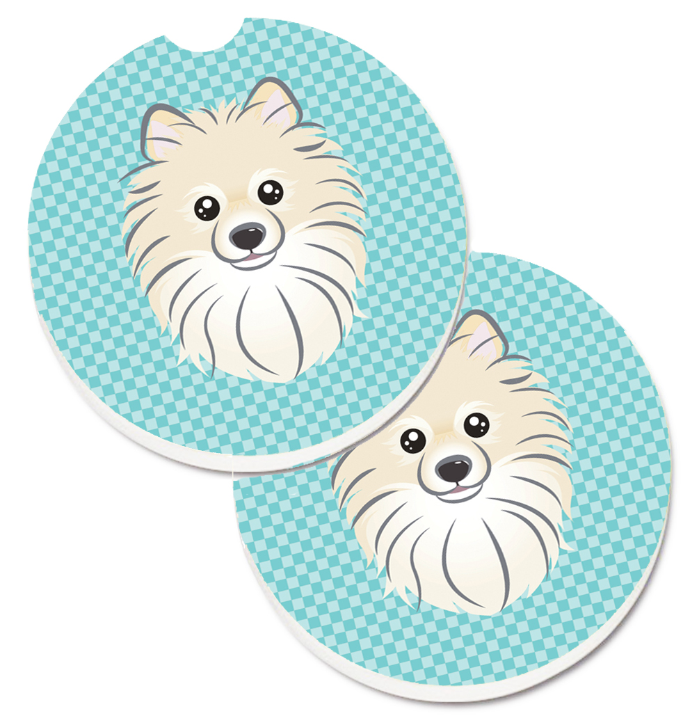 Checkerboard Blue Pomeranian Set of 2 Cup Holder Car Coaster