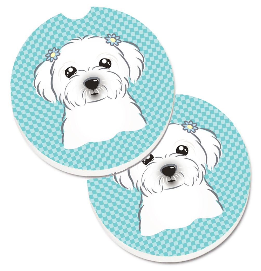 Checkerboard Blue Maltese Set of 2 Cup Holder Car Coaster