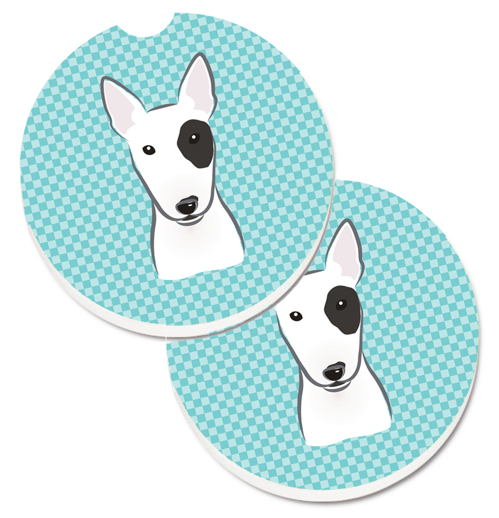 Checkerboard Blue Bull Terrier Set of 2 Cup Holder Car Coaster