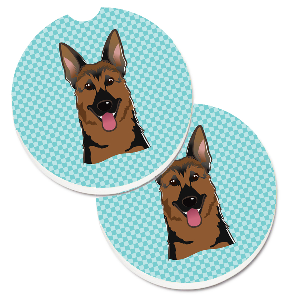 Checkerboard Blue German Shepherd Set of 2 Cup Holder Car Coaster