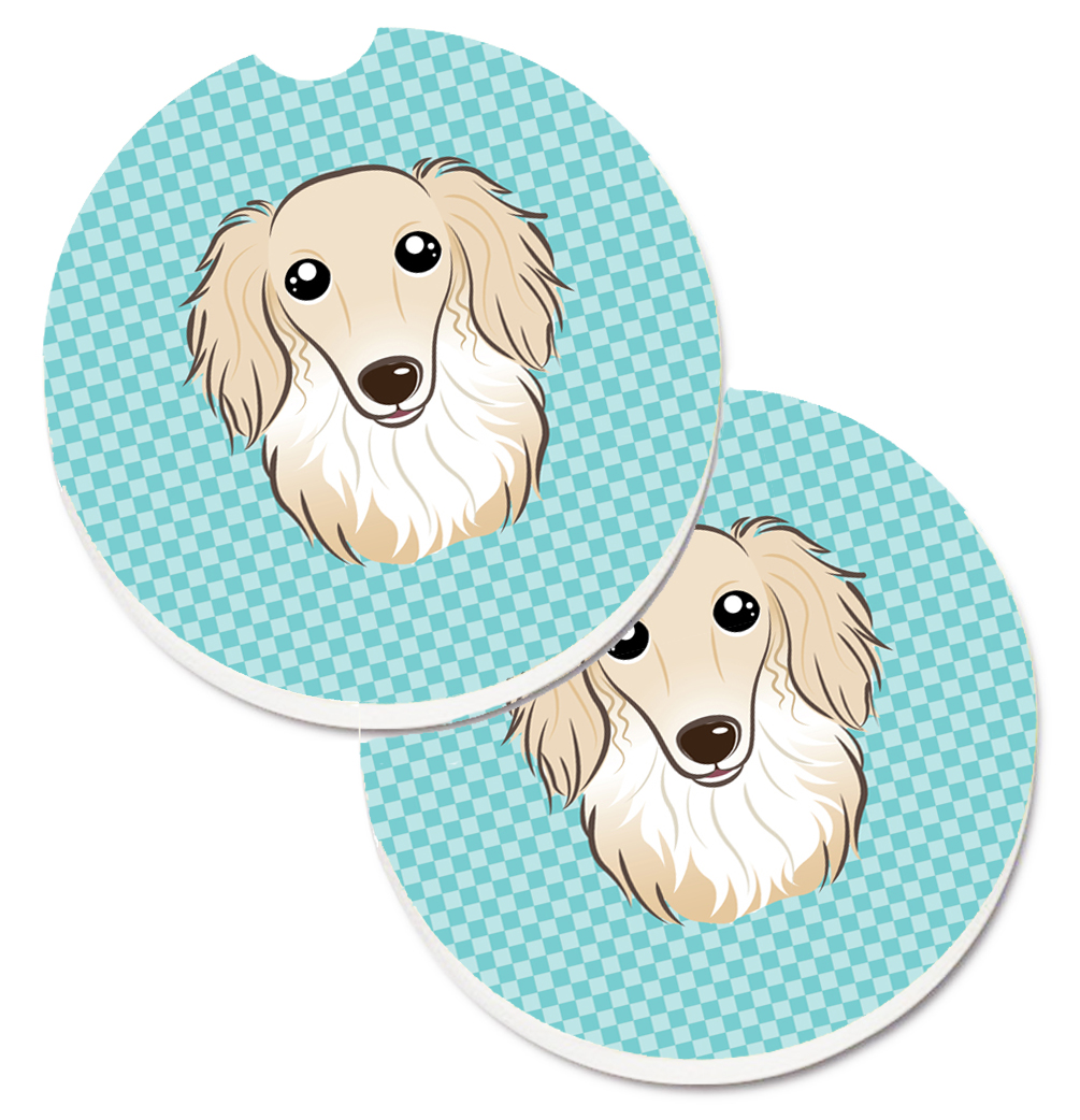 Picture of Carolines Treasures BB1150CARC Checkerboard Blue Longhair Creme Dachshund Set of 2 Cup Holder Car Coaster
