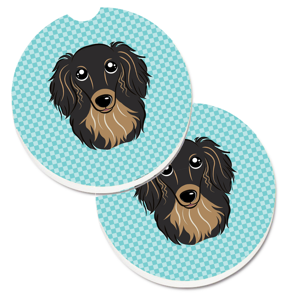 BB1151CARC Checkerboard Blue Longhair Black & Tan Dachshund Set of 2 Cup Holder Car Coaster