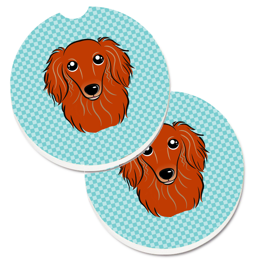 BB1152CARC Checkerboard Blue Longhair Red Dachshund Set of 2 Cup Holder Car Coaster