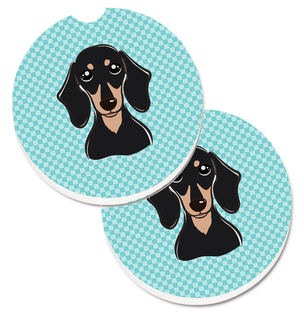 Checkerboard Blue Smooth Black & Tan Dachshund Set of 2 Cup Holder Car Coaster