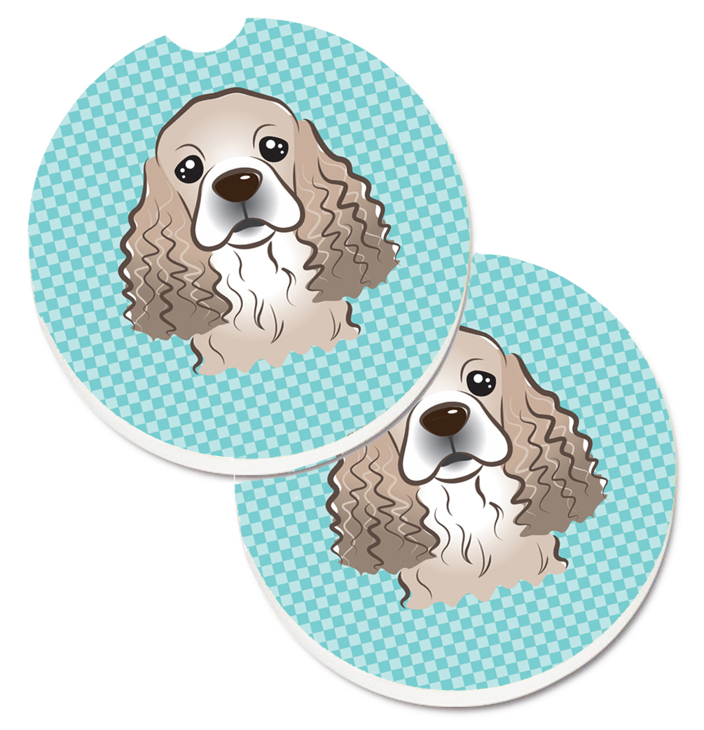 Checkerboard Blue Cocker Spaniel Set of 2 Cup Holder Car Coaster