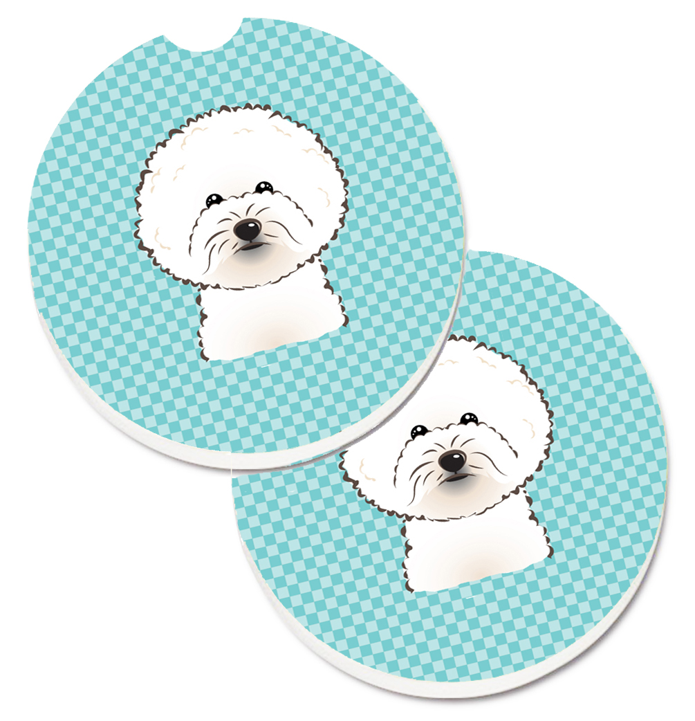 BB1155CARC Checkerboard Blue Bichon Frise Set of 2 Cup Holder Car Coaster