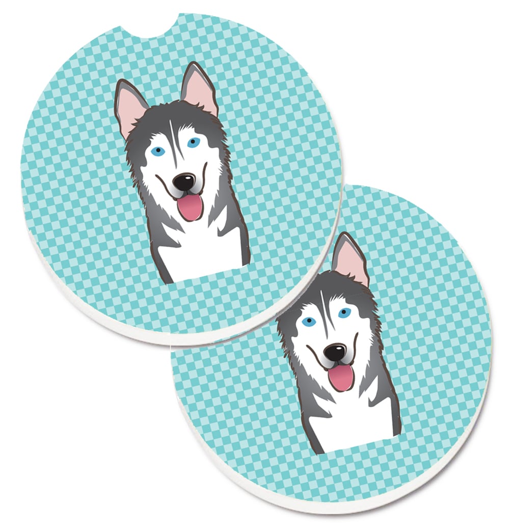 Checkerboard Blue Alaskan Malamute Set of 2 Cup Holder Car Coaster