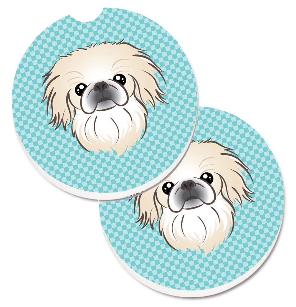 Checkerboard Blue Pekingese Set of 2 Cup Holder Car Coaster