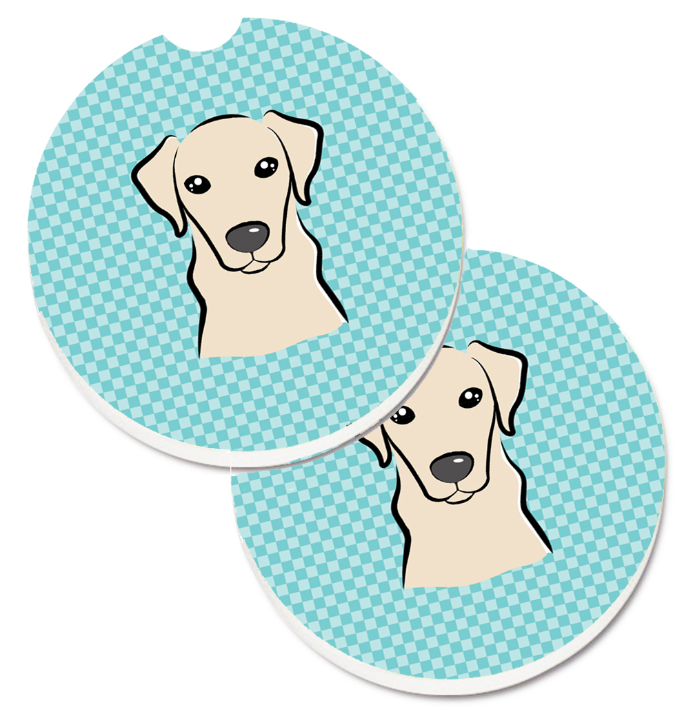 Checkerboard Blue & Yellow Labrador Set of 2 Cup Holder Car Coaster
