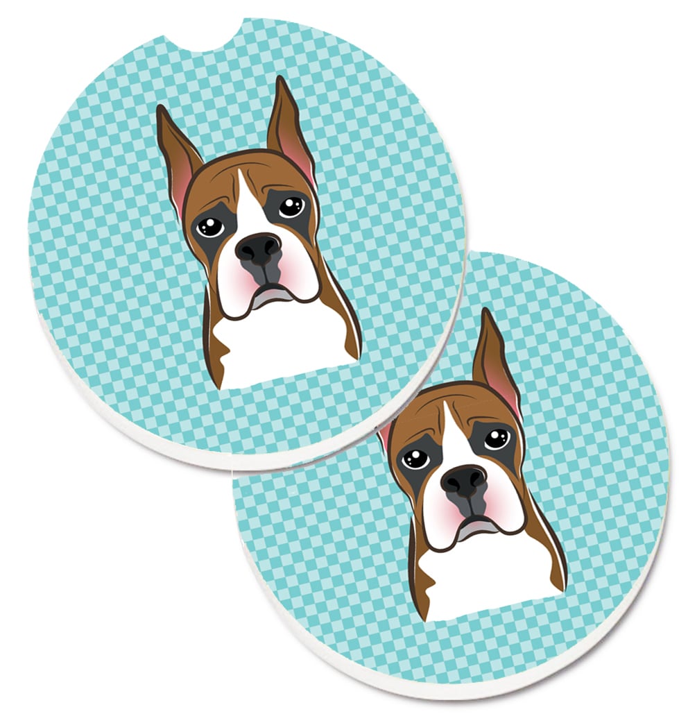 Checkerboard Blue Boxer Set of 2 Cup Holder Car Coaster