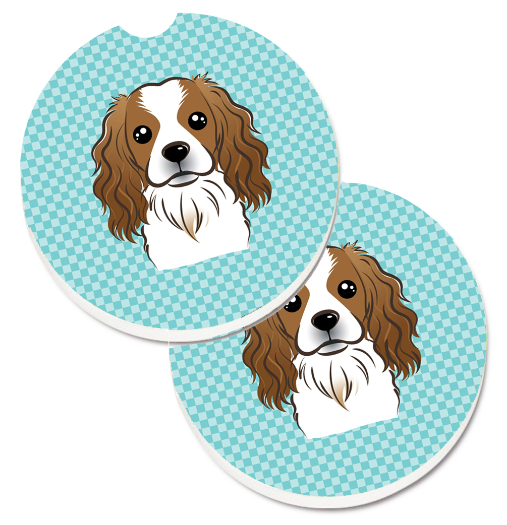 BB1162CARC Checkerboard Blue Cavalier Spaniel Set of 2 Cup Holder Car Coaster