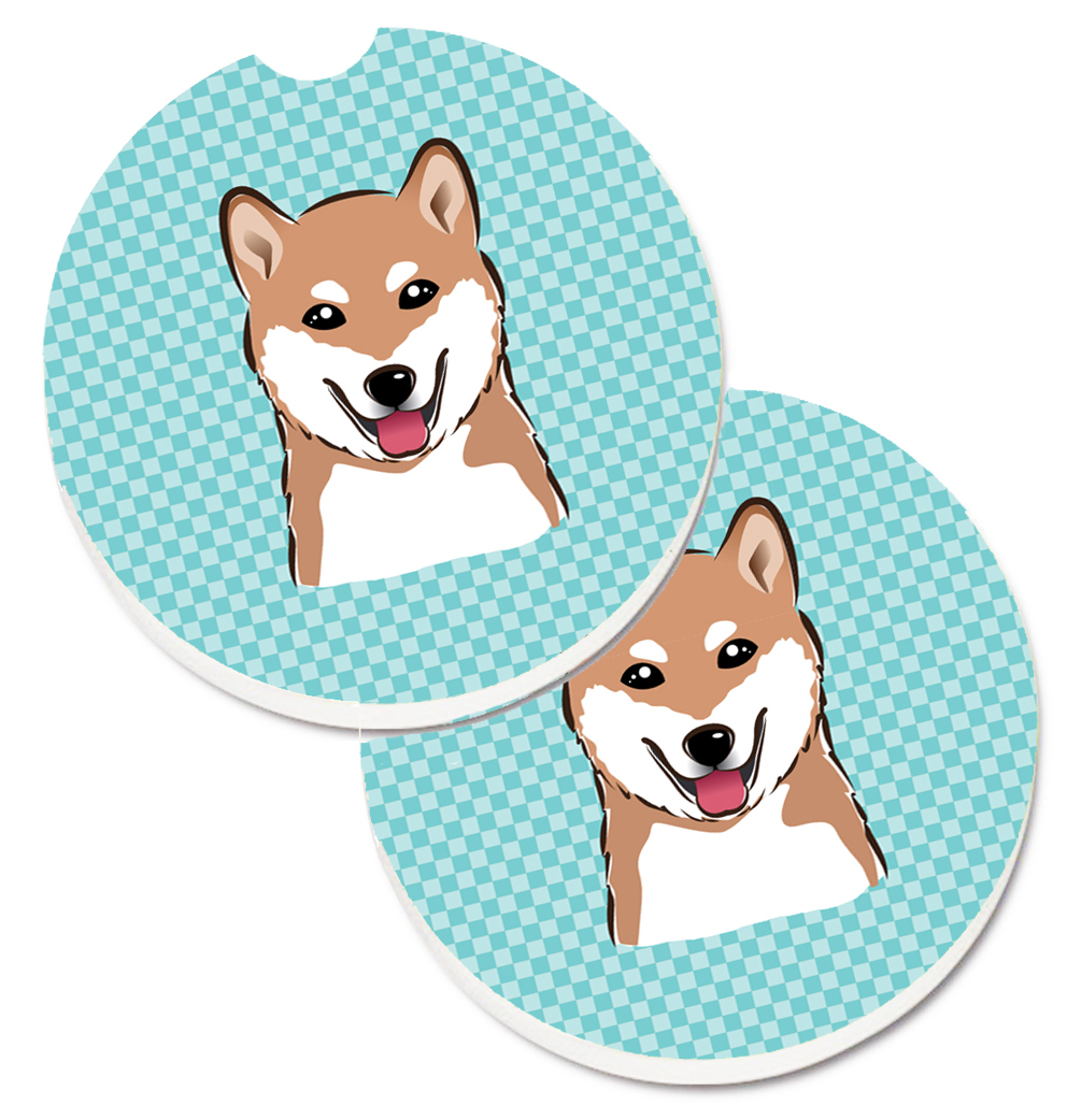 BB1163CARC Checkerboard Blue Shiba Inu Set of 2 Cup Holder Car Coaster