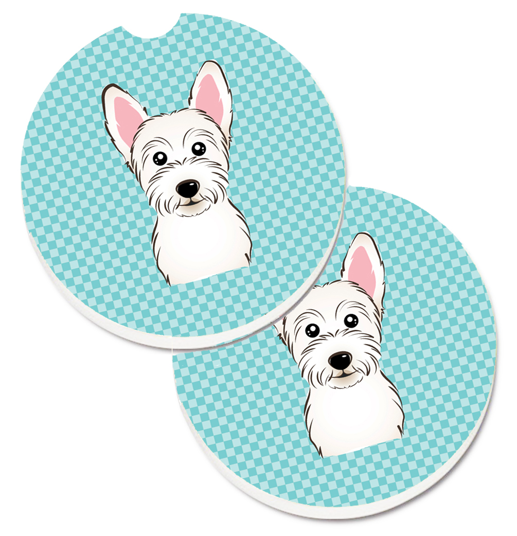 Checkerboard Blue Westie Set of 2 Cup Holder Car Coaster