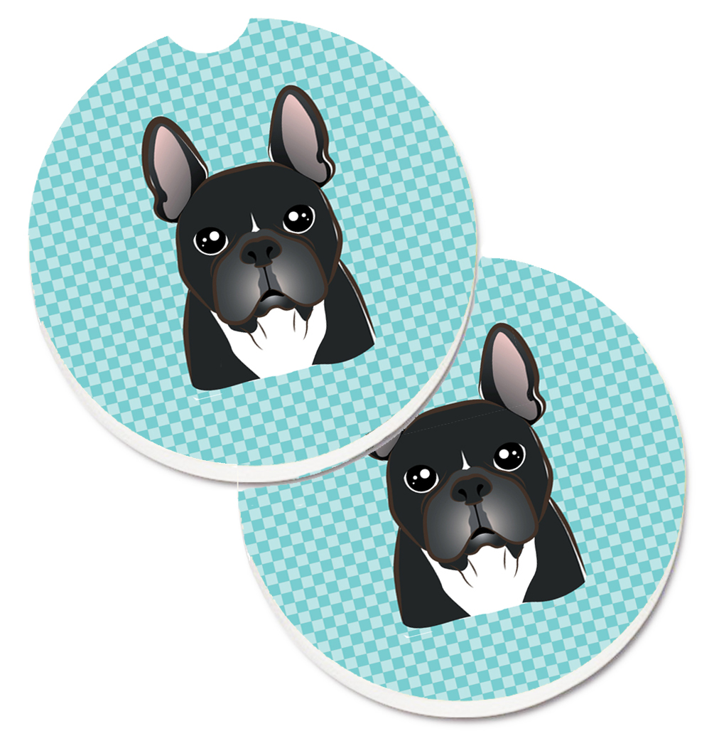 BB1165CARC Checkerboard Blue French Bulldog Set of 2 Cup Holder Car Coaster