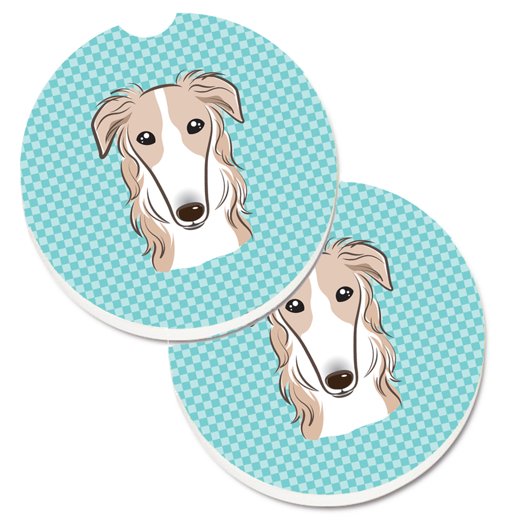 Checkerboard Blue Borzoi Set of 2 Cup Holder Car Coaster