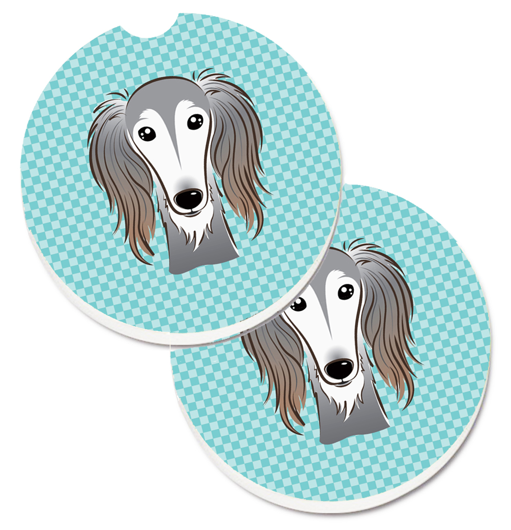 Checkerboard Blue Saluki Set of 2 Cup Holder Car Coaster