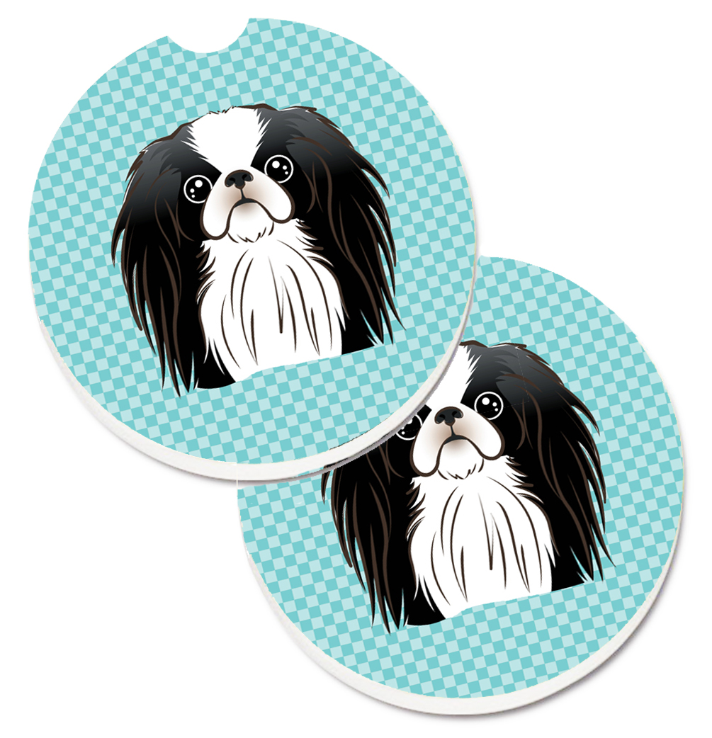 BB1168CARC Checkerboard Blue Japanese Chin Set of 2 Cup Holder Car Coaster