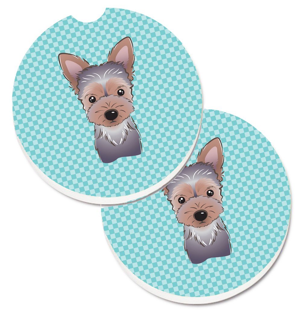 BB1170CARC Checkerboard Blue Yorkie Puppy Set of 2 Cup Holder Car Coaster