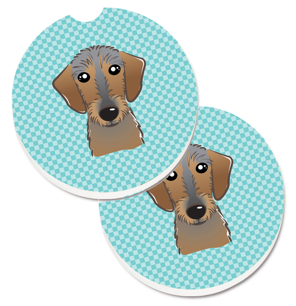 Checkerboard Blue Wirehaired Dachshund Set of 2 Cup Holder Car Coaster