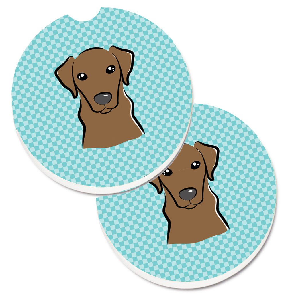 Checkerboard Blue & Chocolate Labrador Set of 2 Cup Holder Car Coaster