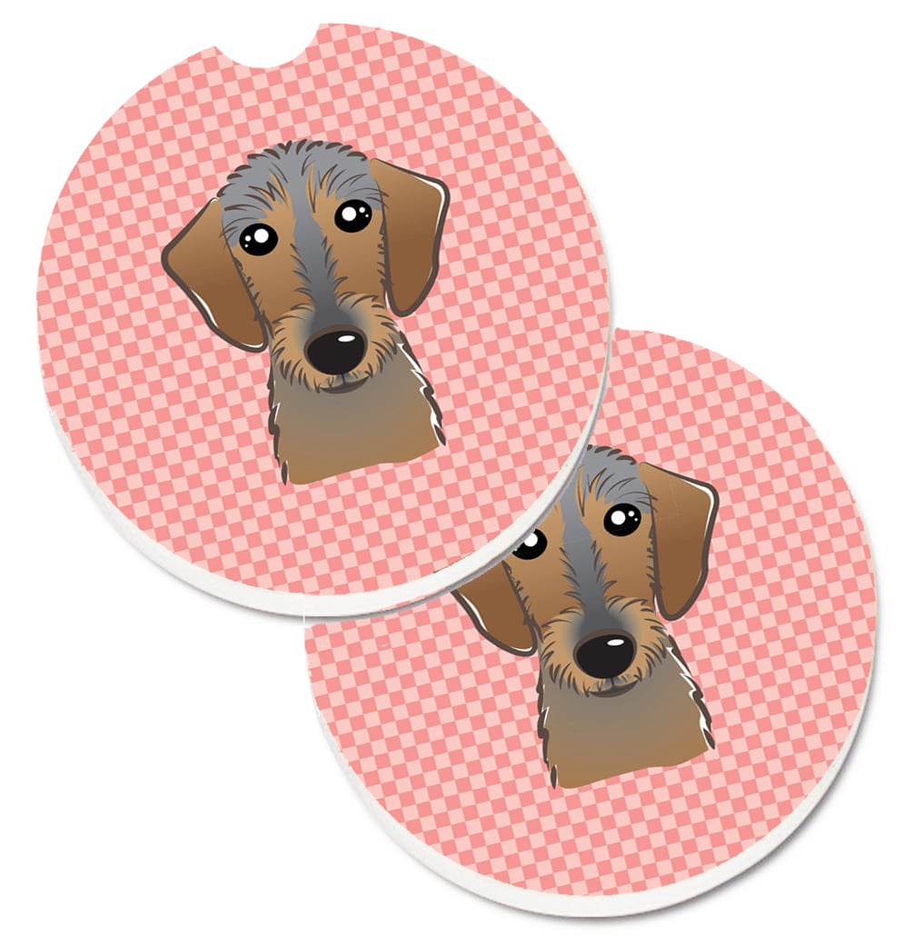 Checkerboard Pink Wirehaired Dachshund Set of 2 Cup Holder Car Coaster