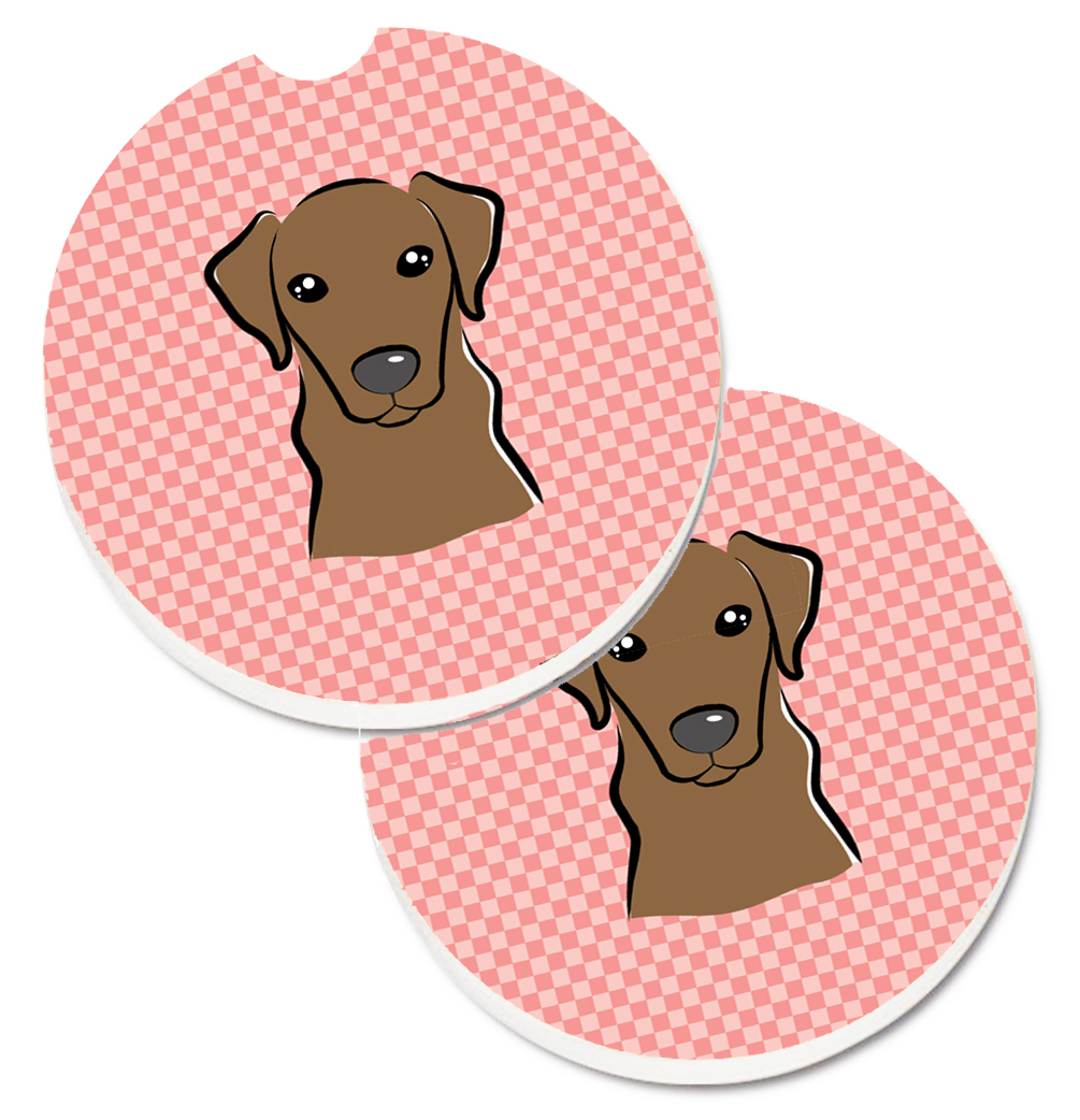 Checkerboard Pink Chocolate Labrador Set of 2 Cup Holder Car Coaster