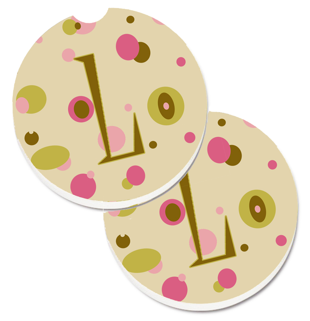 CJ1004-LCARC Letter L Initial Monogram Tan Dots Set of 2 Cup Holder Car Coaster