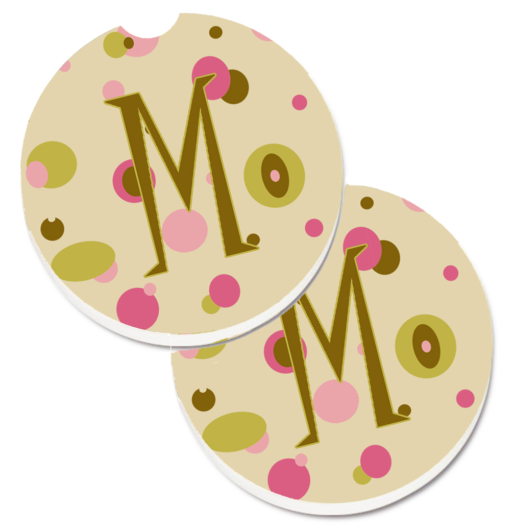 CJ1004-MCARC Letter M Initial Monogram Tan Dots Set of 2 Cup Holder Car Coaster