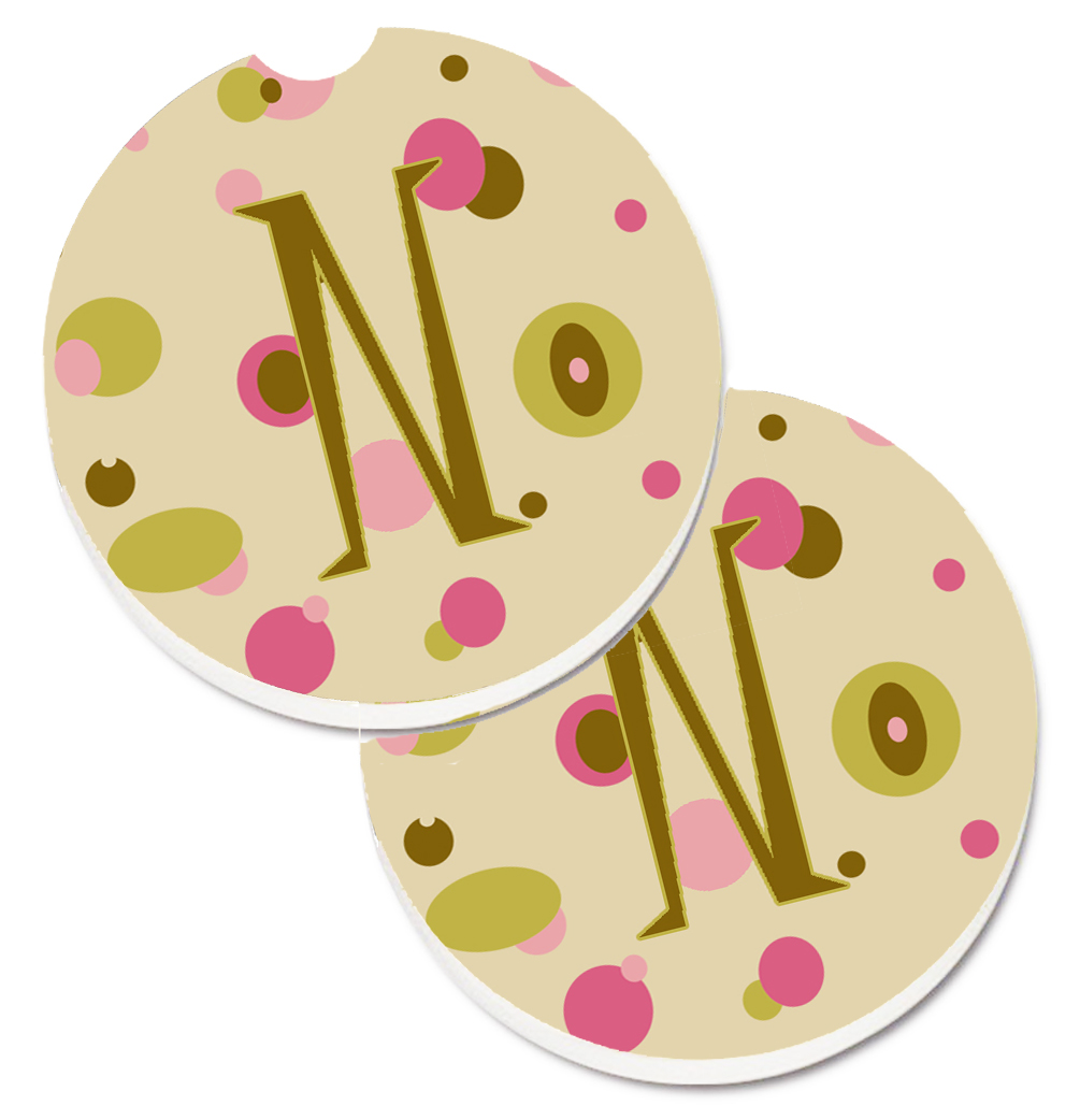 CJ1004-NCARC Letter N Initial Monogram Tan Dots Set of 2 Cup Holder Car Coaster