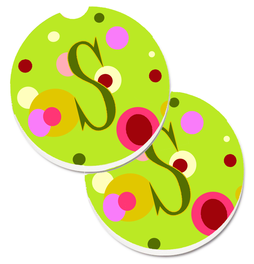 CJ1010-SCARC Letter S Monogram Lime Green Set of 2 Cup Holder Car Coaster