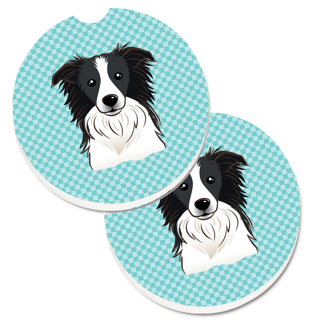 BB1179CARC Checkerboard Blue Border Collie Set of 2 Cup Holder Car Coaster