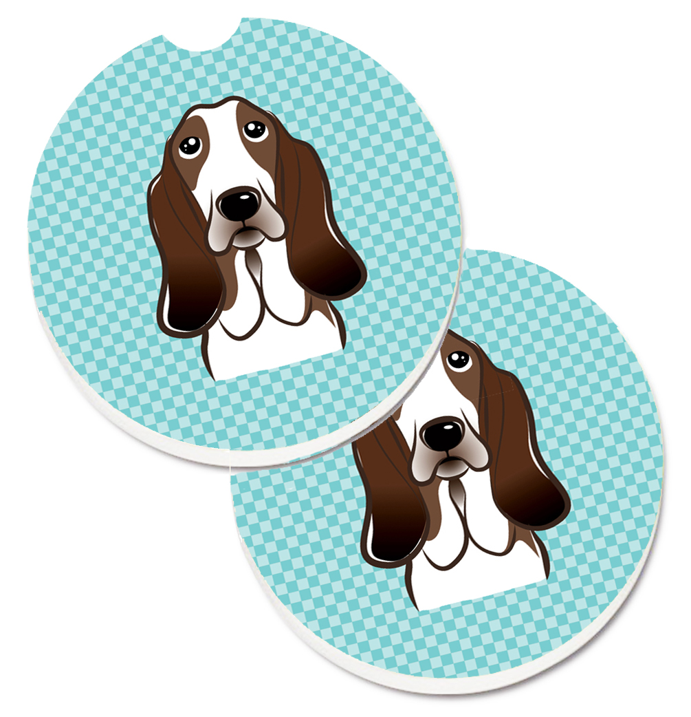 Picture of Carolines Treasures BB1181CARC Checkerboard Blue Basset Hound Set of 2 Cup Holder Car Coaster