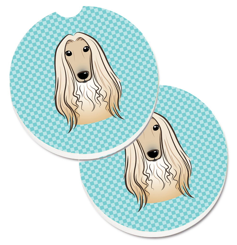 Checkerboard Blue Afghan Hound Set of 2 Cup Holder Car Coaster