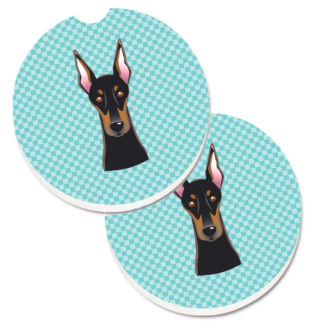 Checkerboard Blue Doberman Set of 2 Cup Holder Car Coaster