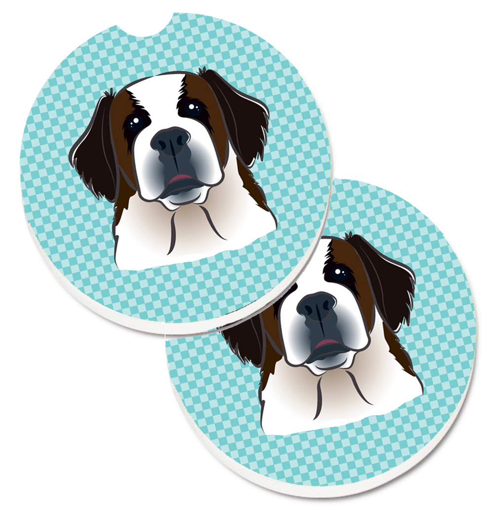 BB1184CARC Checkerboard Blue Saint Bernard Set of 2 Cup Holder Car Coaster