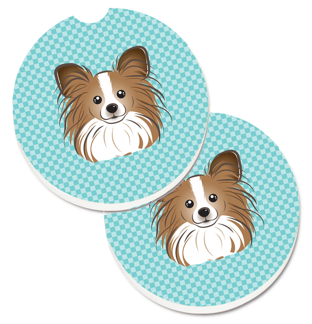 BB1186CARC Checkerboard Blue Papillon Set of 2 Cup Holder Car Coaster